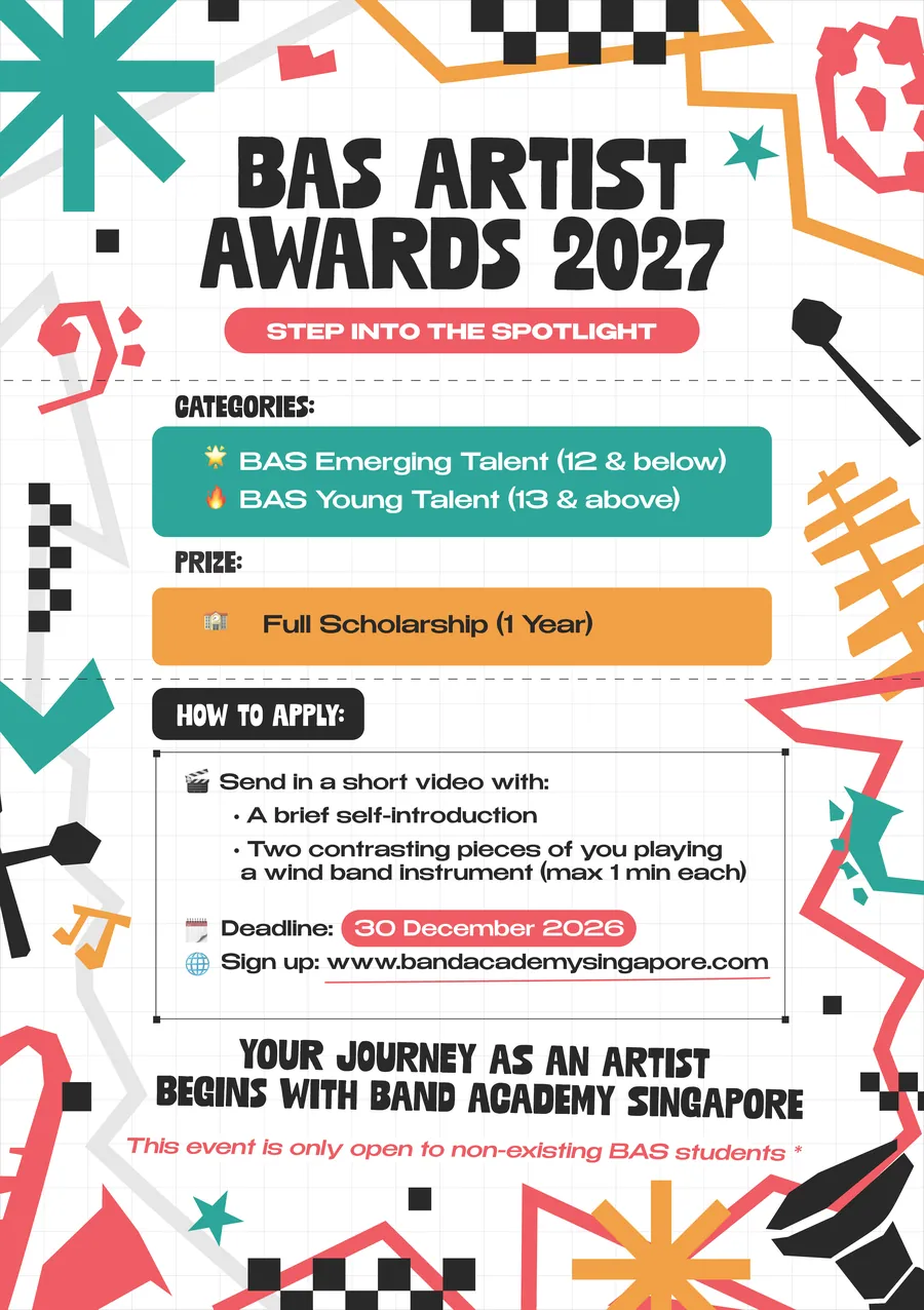 BAS Artist Awards 2027 poster. Categories: BAS Emerging Talent for ages 12 and below, and BAS Young Talent for ages 13 and above. Prize: a full scholarship for one year. Deadline 30 December 2026.
